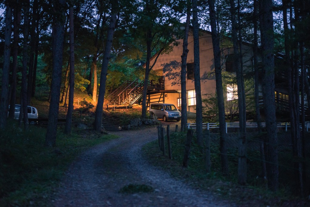 The path leading up to the main building of Shinshu Bible Camp. The lower lights are where the cafeteria is.